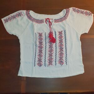 White Boho Embroidered Peasant Top with Red & Navy Details